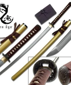 Ten Ryu - Sharp Damascus Steel Katana Sword - Gold Scabbard