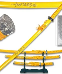 Knife Depot Yellow Color Carved Gold Dragon Sword Set With Stand